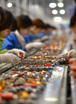 A group of Asian workers is focused on assembling electronic components on a production line, showcasing teamwork and precision in a bright factory environment.